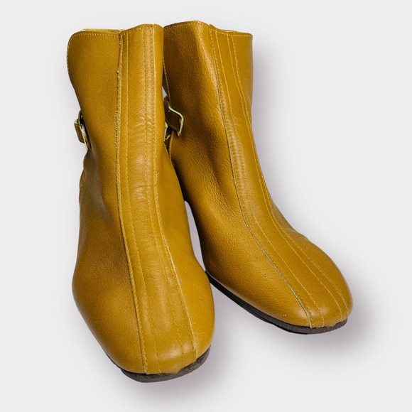 Vintage 60s Beacons Are Always Fitting Camel Leather Harness Go Go‎ Ankle Boots - Picture 6 of 11